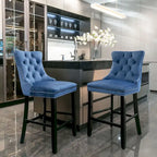 Velvet Upholstered Barstools – Set of 2, Tufted, Nailhead Trim, Solid Wood Frame