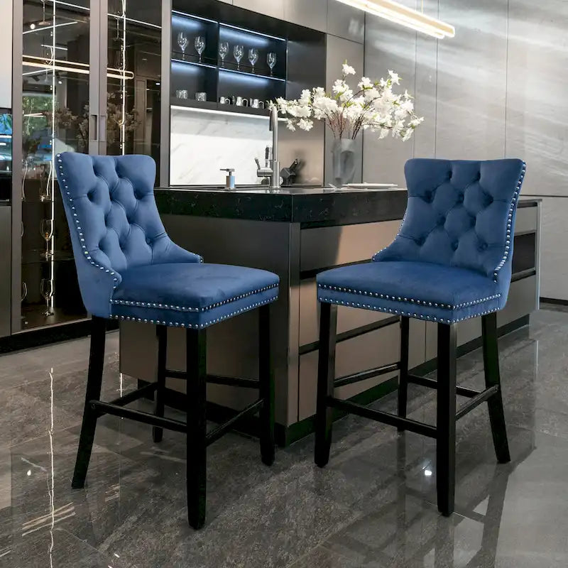 Velvet Upholstered Barstools – Set of 2, Tufted, Nailhead Trim, Solid Wood Frame