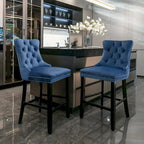 Velvet Upholstered Barstools – Set of 2, Tufted, Nailhead Trim, Solid Wood Frame