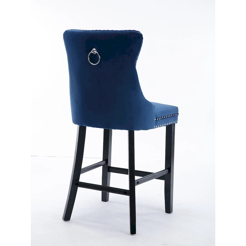 Velvet Upholstered Barstools – Set of 2, Tufted, Nailhead Trim, Solid Wood Frame