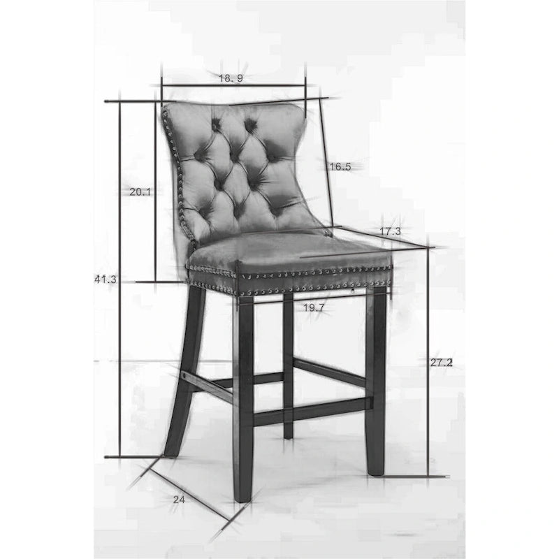 Velvet Upholstered Barstools – Set of 2, Tufted, Nailhead Trim, Solid Wood Frame