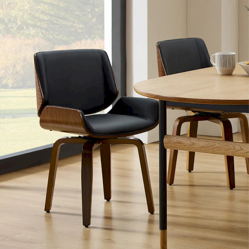 Swivel Wooden Upholstered Dining Chairs Set of 2 – Faux Leather, Mid-Century
