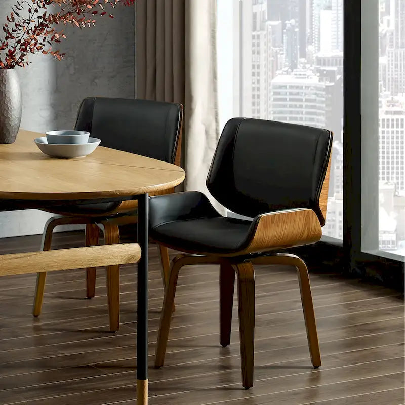 Swivel Wooden Upholstered Dining Chairs Set of 2 – Faux Leather, Mid-Century