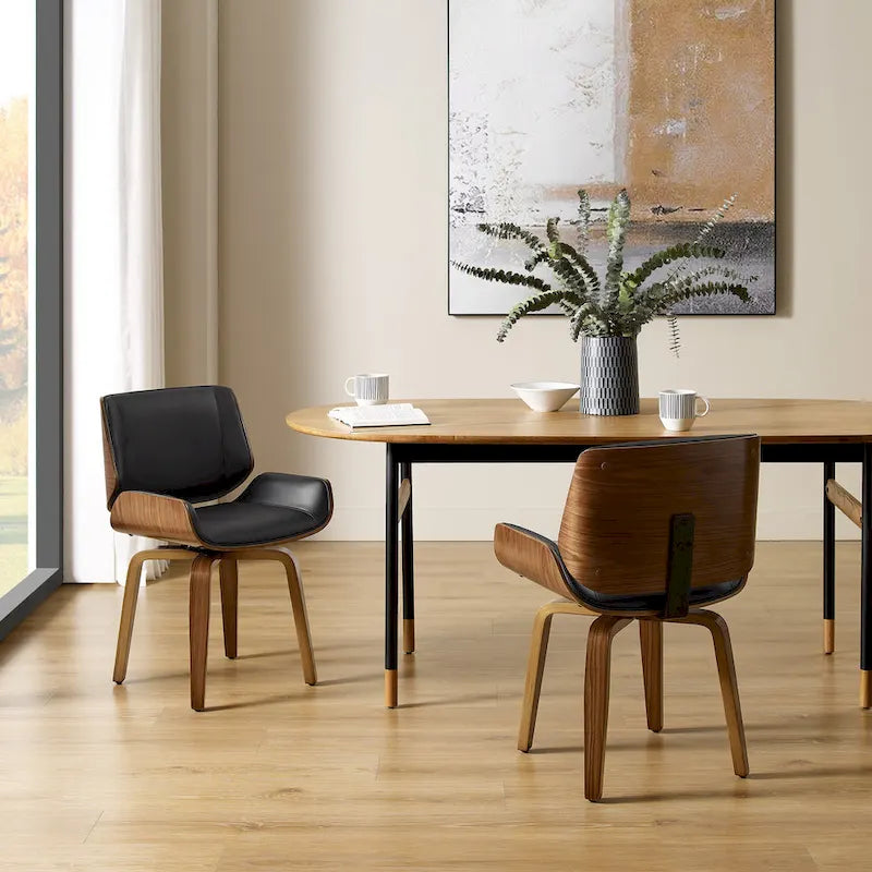Swivel Wooden Upholstered Dining Chairs Set of 2 – Faux Leather, Mid-Century