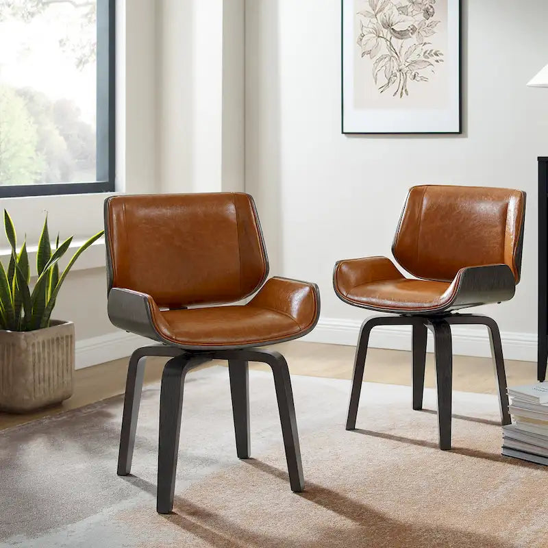 Swivel Wooden Upholstered Dining Chairs Set of 2 – Faux Leather, Mid-Century