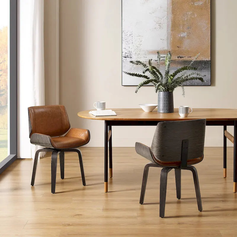 Swivel Wooden Upholstered Dining Chairs Set of 2 – Faux Leather, Mid-Century