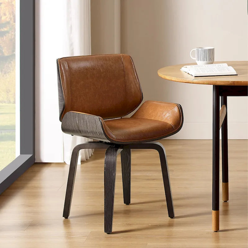 Swivel Wooden Upholstered Dining Chairs Set of 2 – Faux Leather, Mid-Century