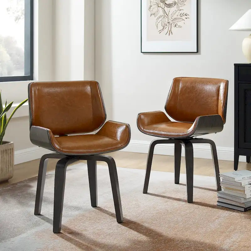 Swivel Wooden Upholstered Dining Chairs Set of 2 – Faux Leather, Mid-Century
