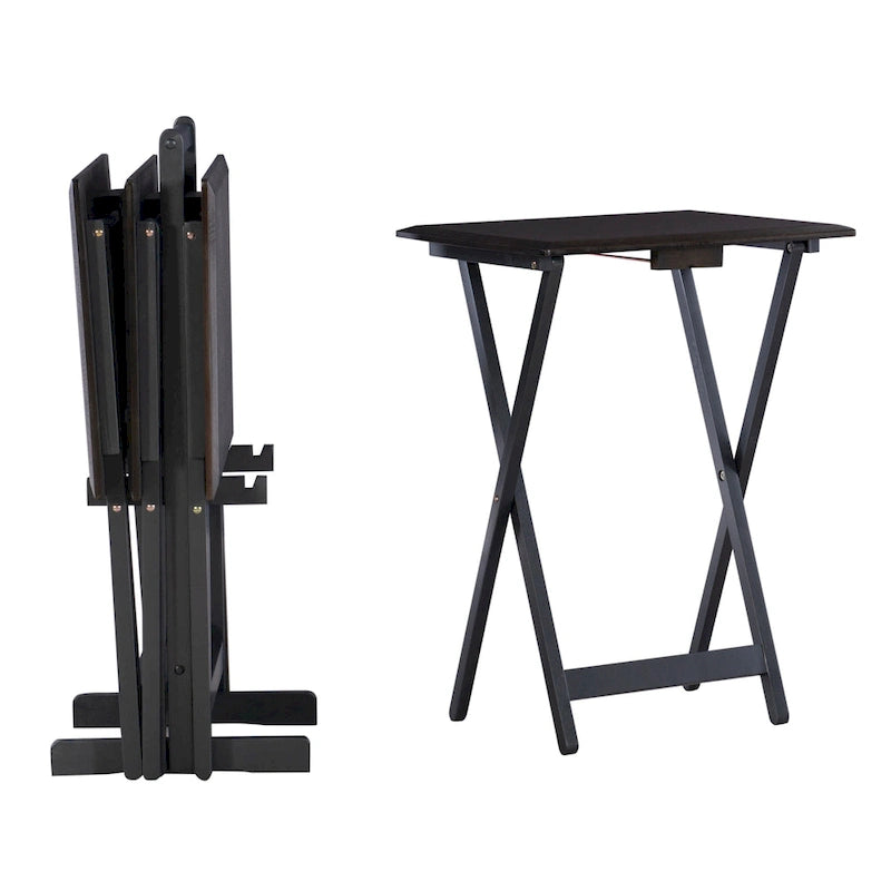 Folding Snack Tray Table Set of 4 with Stand – Grey Wash & Natural