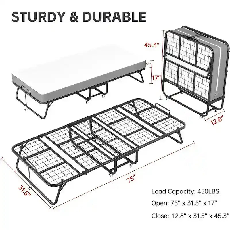 75x31 Rollaway Folding Guest Bed Twin Size with 5 Mattress