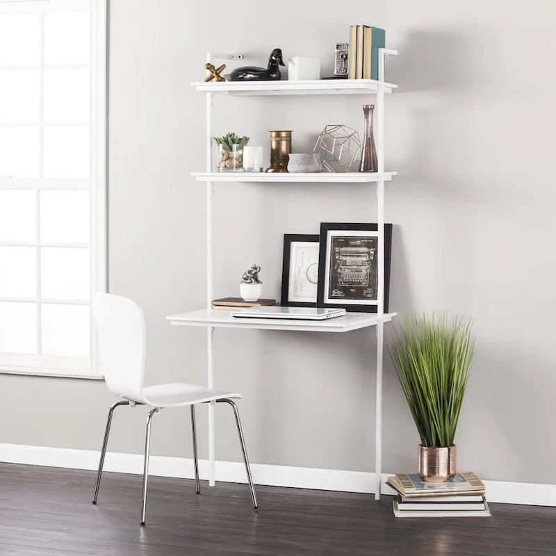 Wall Mount Floating Desk with Open Shelves – White, Space-Saving Home Office