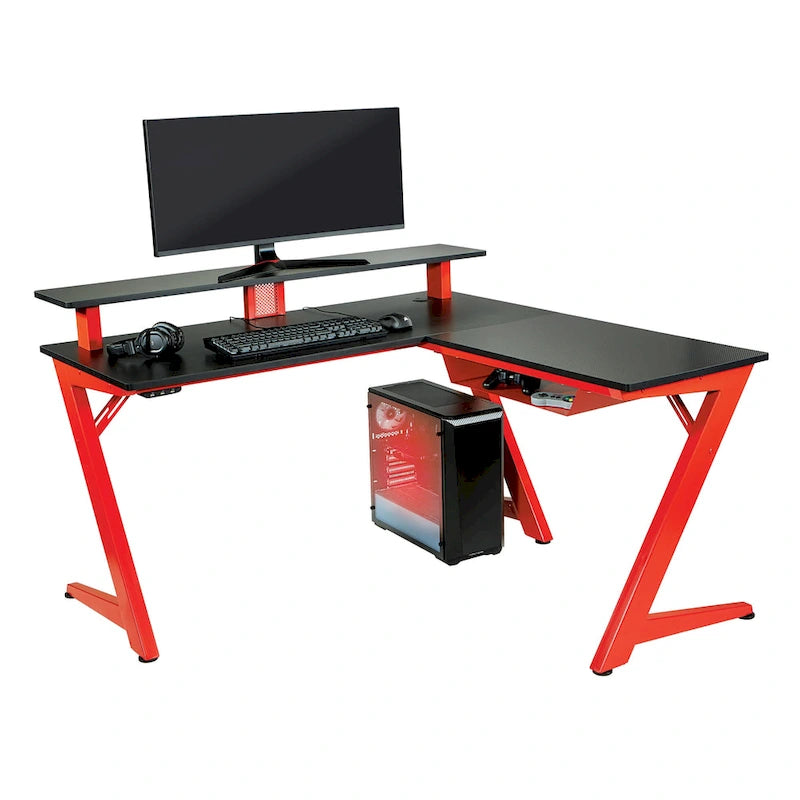 L-Shaped Gaming Desk with RGB LED Lights, USB Hub & Cable Management