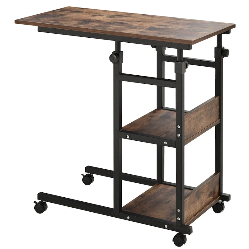 Industrial C-Shaped Mobile Rolling Side Table – 3-Tier Storage, Adjustable Height