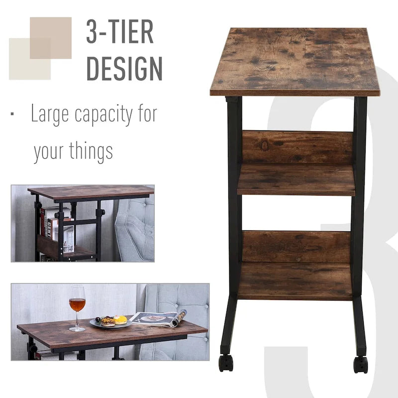 Industrial C-Shaped Mobile Rolling Side Table – 3-Tier Storage, Adjustable Height