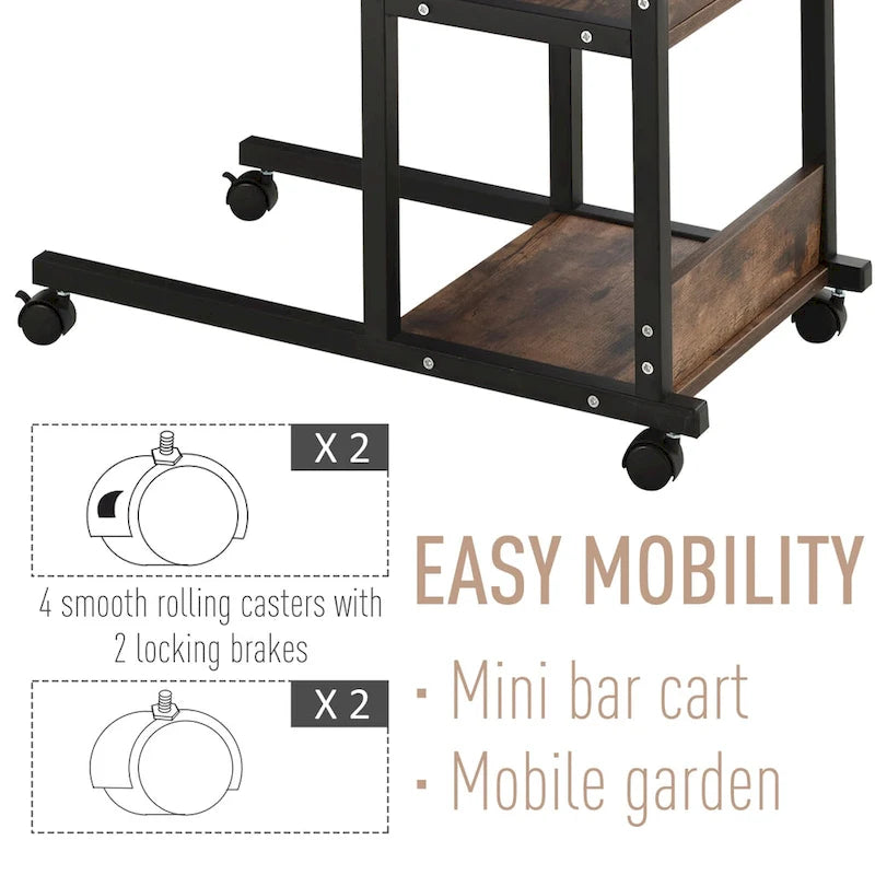 Industrial C-Shaped Mobile Rolling Side Table – 3-Tier Storage, Adjustable Height