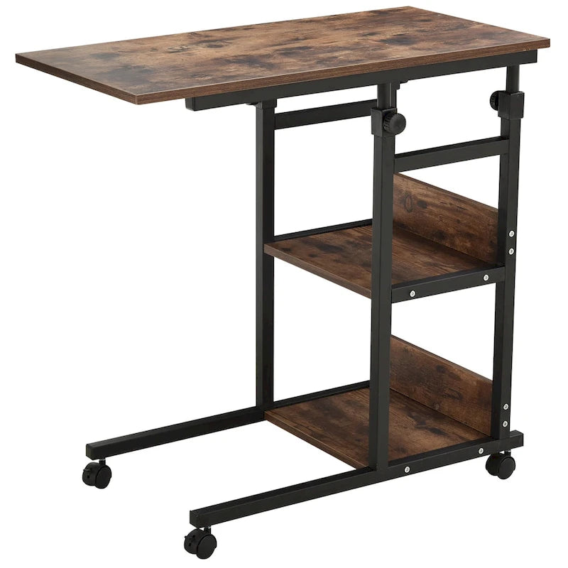 Industrial C-Shaped Mobile Rolling Side Table – 3-Tier Storage, Adjustable Height