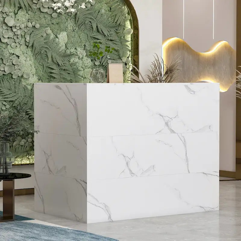 L-Shape Wood Reception Desk with Locking Drawer & Storage Shelves
