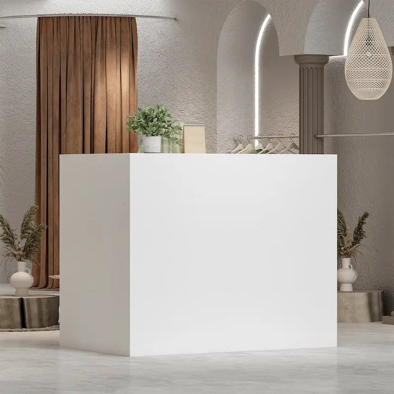 L-Shape Wood Reception Desk with Locking Drawer & Storage Shelves