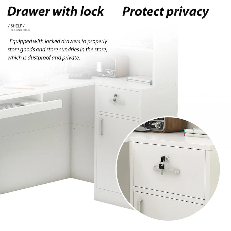 L-Shape Wood Reception Desk with Locking Drawer & Storage Shelves