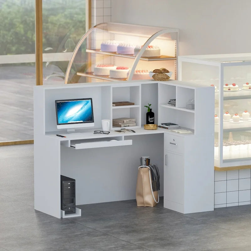 L-Shape Wood Reception Desk with Locking Drawer & Storage Shelves