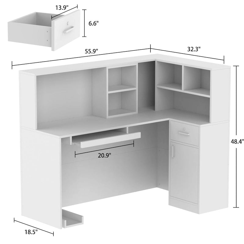 L-Shape Wood Reception Desk with Locking Drawer & Storage Shelves