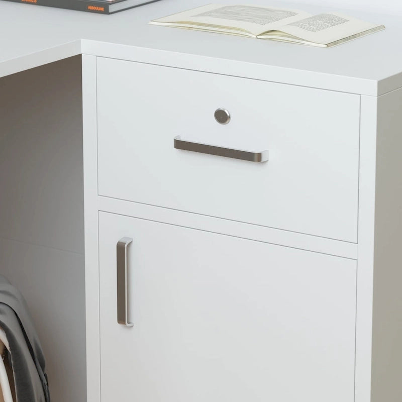 L-Shape Wood Reception Desk with Locking Drawer & Storage Shelves