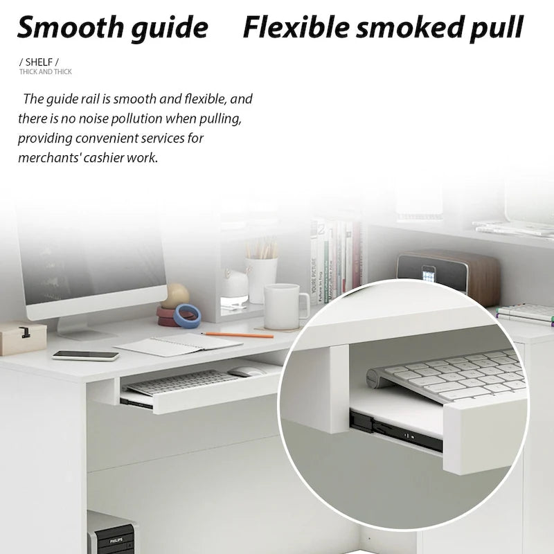 L-Shape Wood Reception Desk with Locking Drawer & Storage Shelves