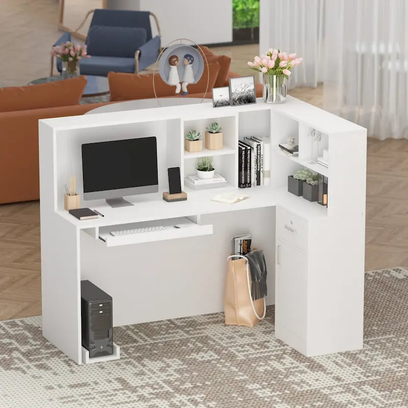 L-Shape Wood Reception Desk with Locking Drawer & Storage Shelves