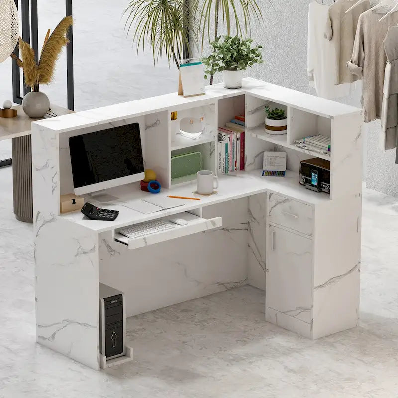 L-Shape Wood Reception Desk with Locking Drawer & Storage Shelves