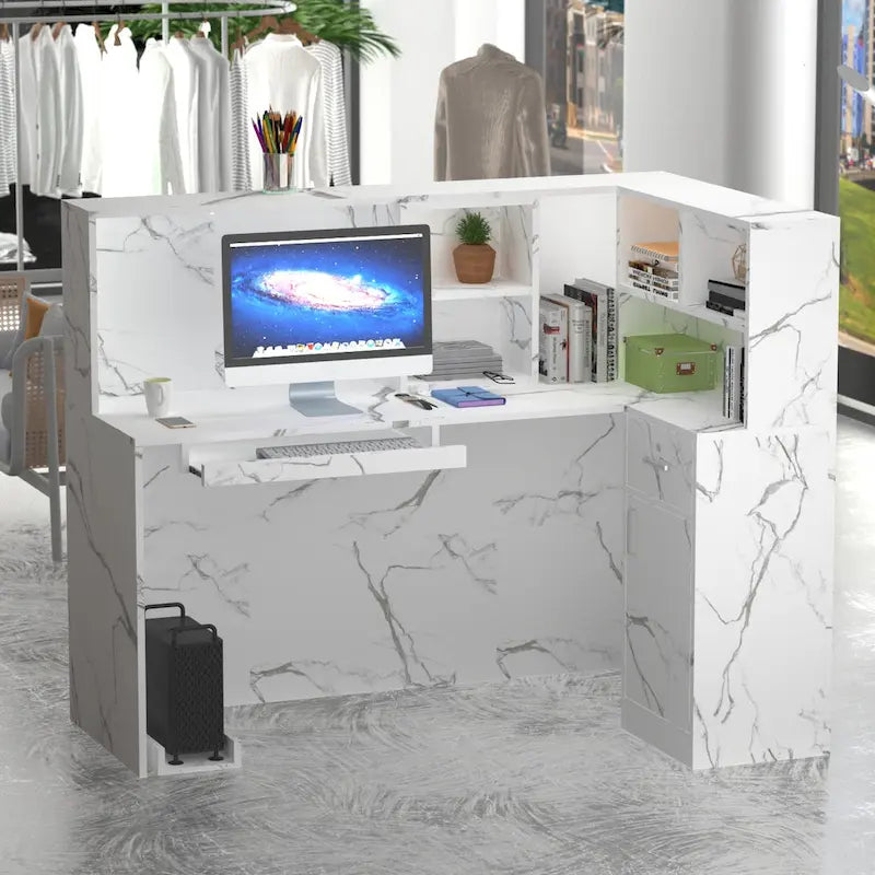 L-Shape Wood Reception Desk with Locking Drawer & Storage Shelves
