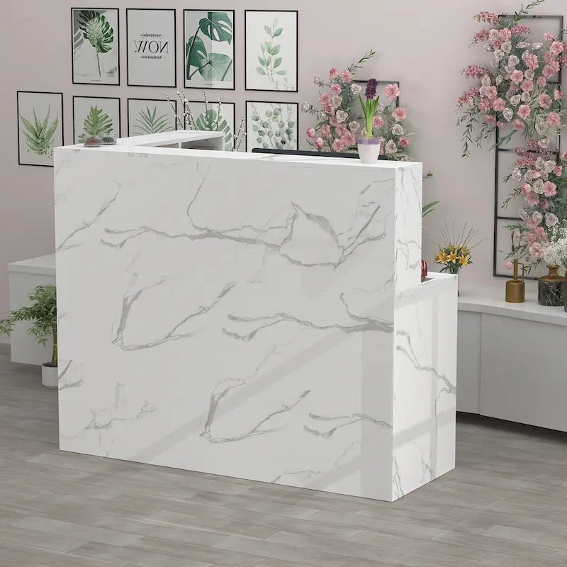 L-Shape Wood Reception Desk with Locking Drawer & Storage Shelves