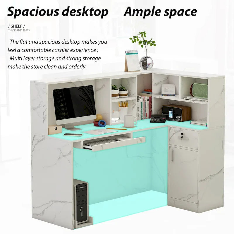 L-Shape Wood Reception Desk with Locking Drawer & Storage Shelves
