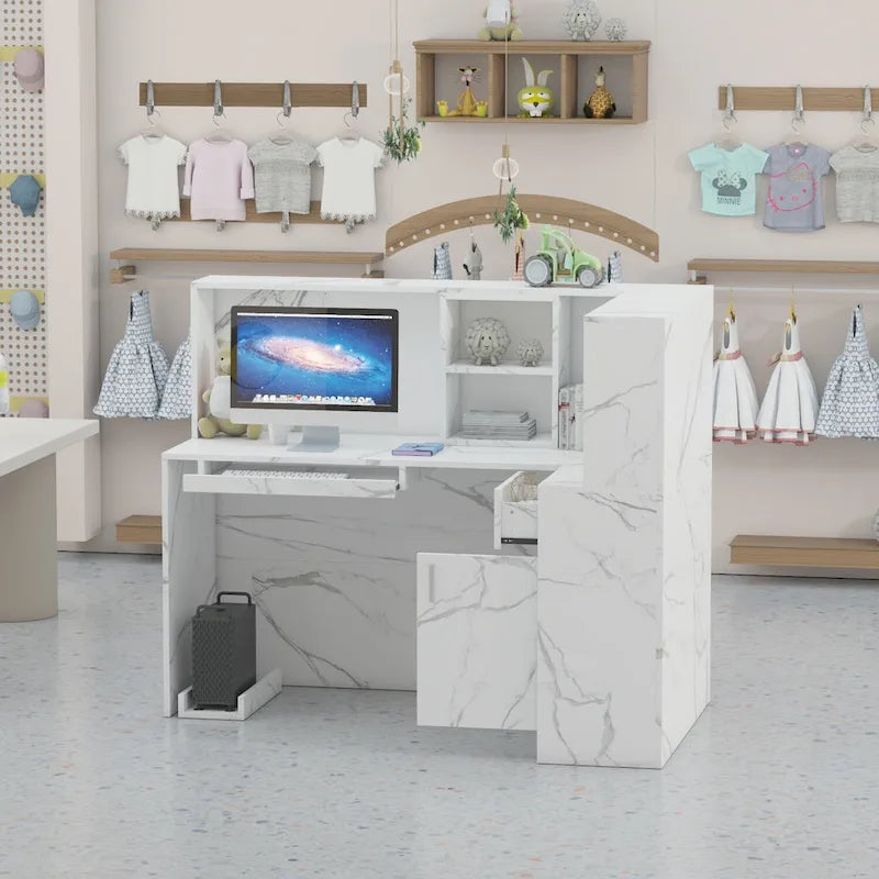 L-Shape Wood Reception Desk with Locking Drawer & Storage Shelves