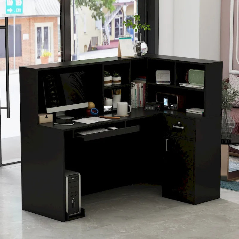 L-Shape Wood Reception Desk with Locking Drawer & Storage Shelves