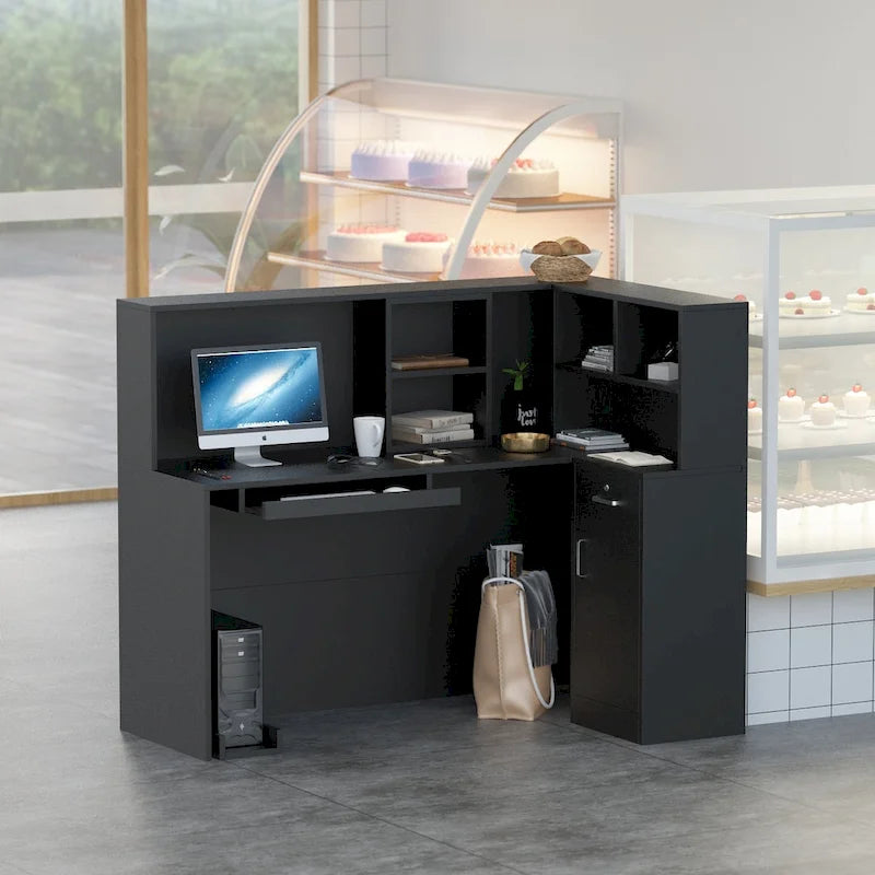 L-Shape Wood Reception Desk with Locking Drawer & Storage Shelves