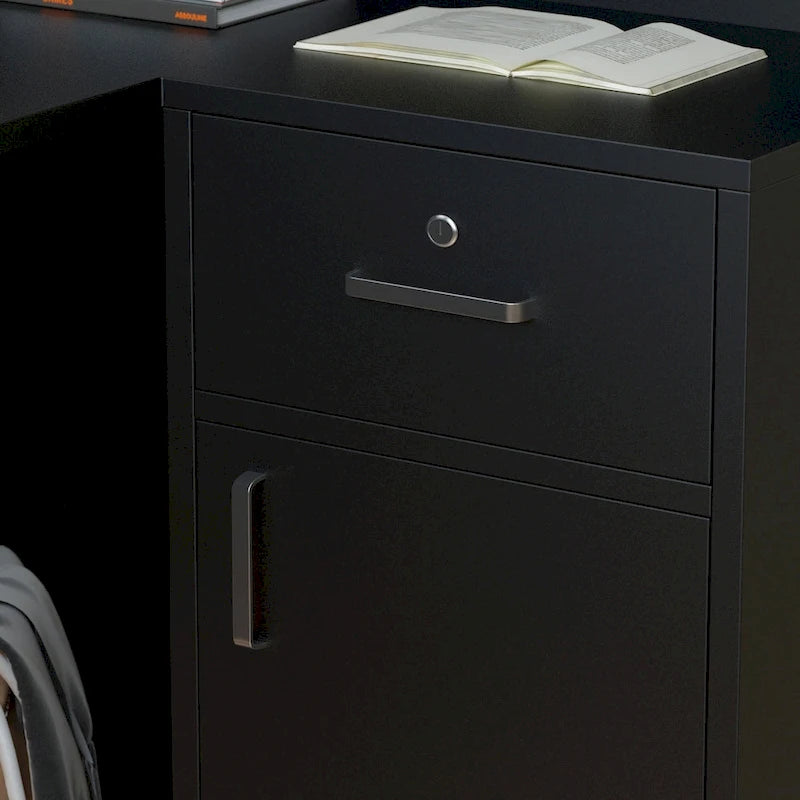 L-Shape Wood Reception Desk with Locking Drawer & Storage Shelves