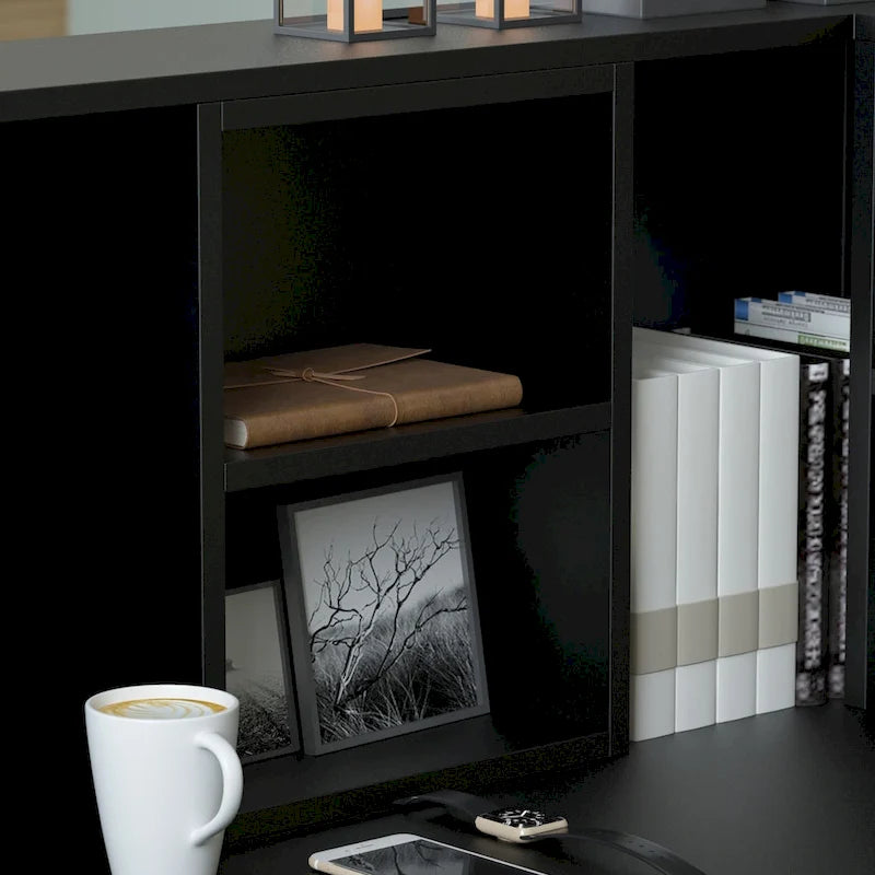 L-Shape Wood Reception Desk with Locking Drawer & Storage Shelves