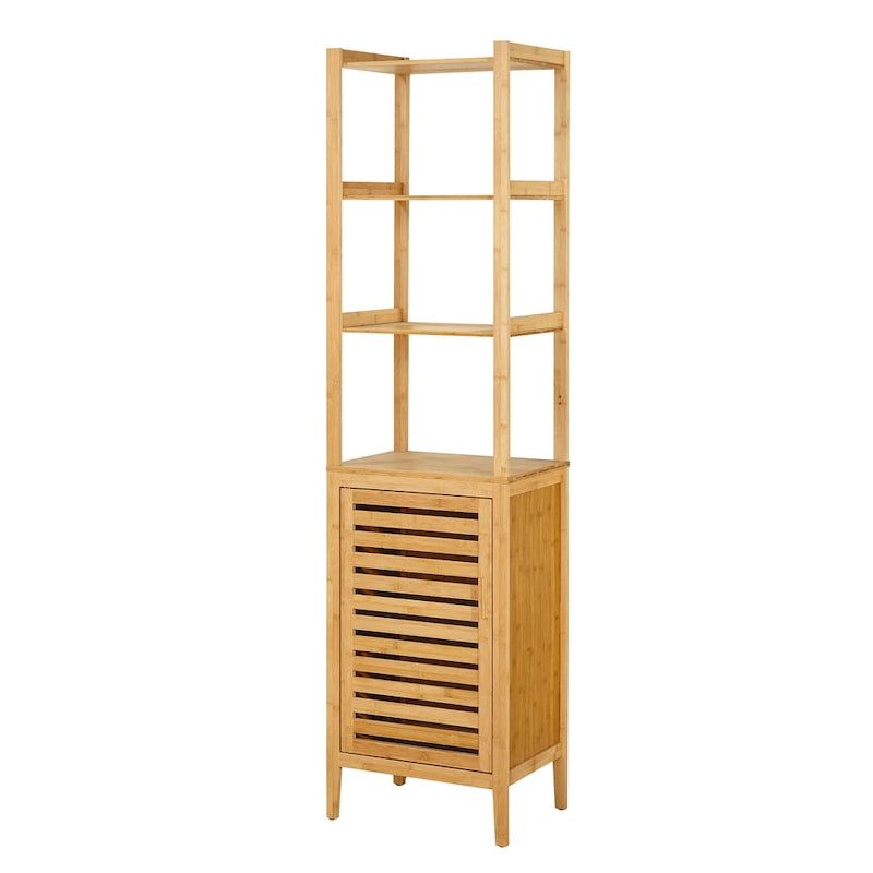 Contemporary Natural Bamboo Bathroom Linen Tower – 3 Shelves & Cabinet