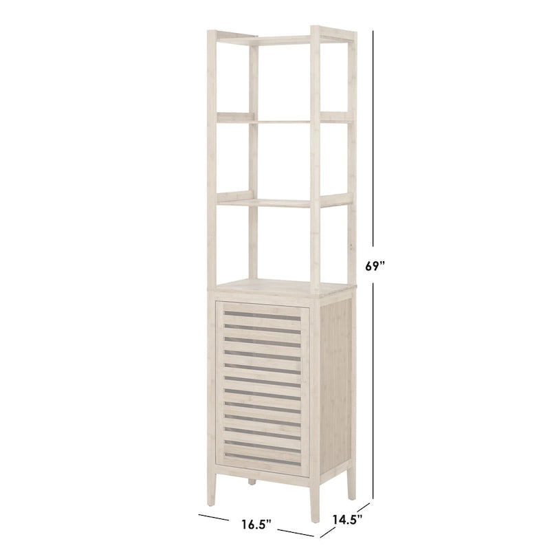 Contemporary Natural Bamboo Bathroom Linen Tower – 3 Shelves & Cabinet