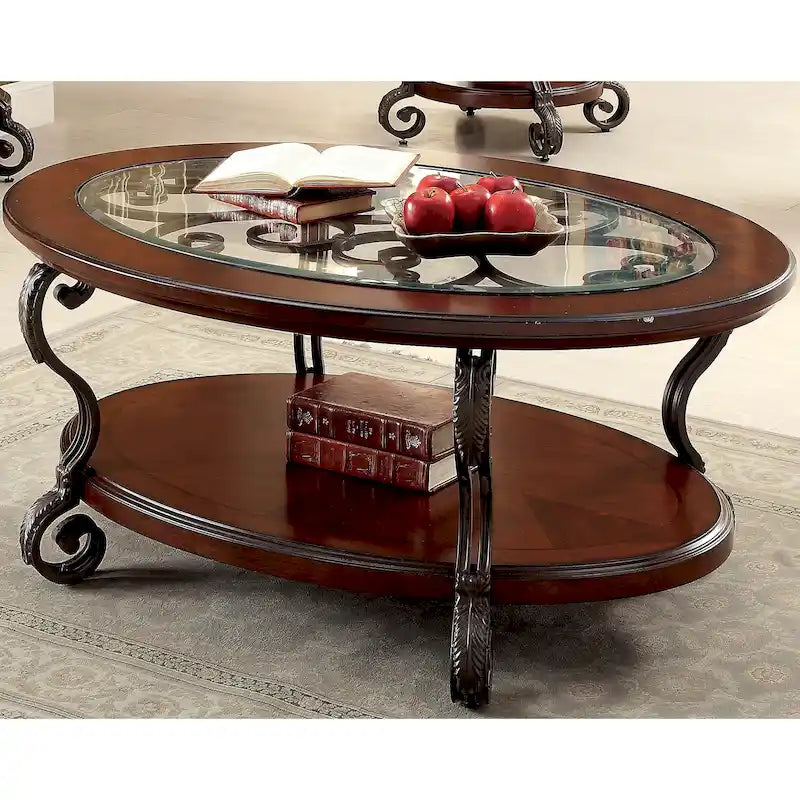 120" Dual Pedestal Dining Table – Brown Cherry Finish, Seats 8, Carved Details