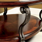 120" Dual Pedestal Dining Table – Brown Cherry Finish, Seats 8, Carved Details