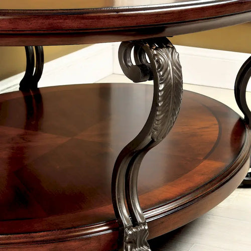 120" Dual Pedestal Dining Table – Brown Cherry Finish, Seats 8, Carved Details