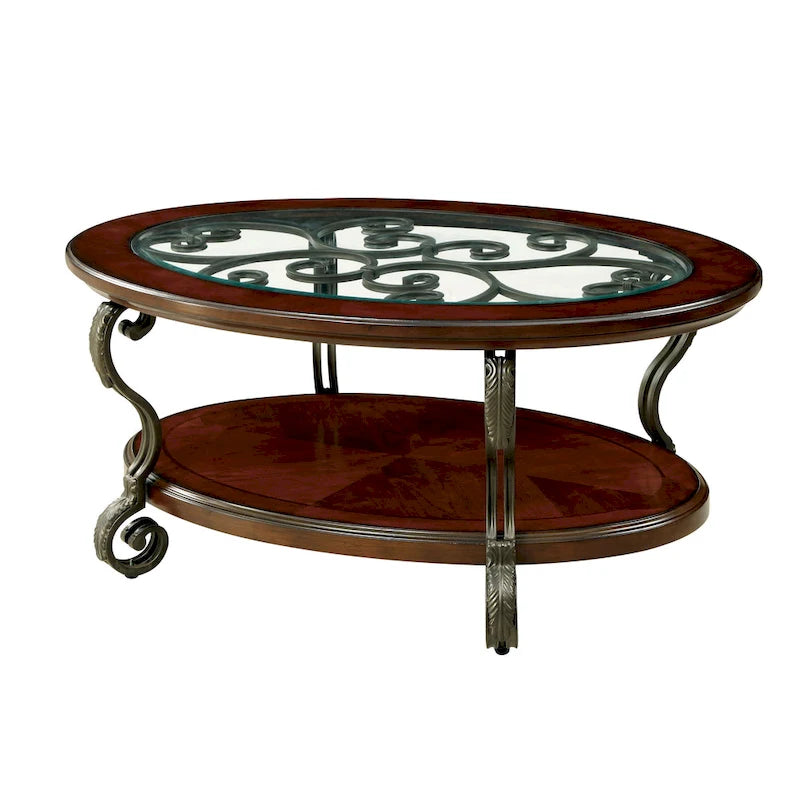 120" Dual Pedestal Dining Table – Brown Cherry Finish, Seats 8, Carved Details