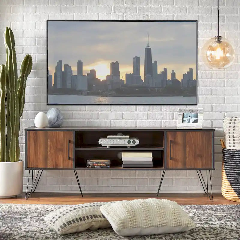 Mid-Century Vintage TV Stand with Side Cabinets – Walnut & Black, Fits 64" TV