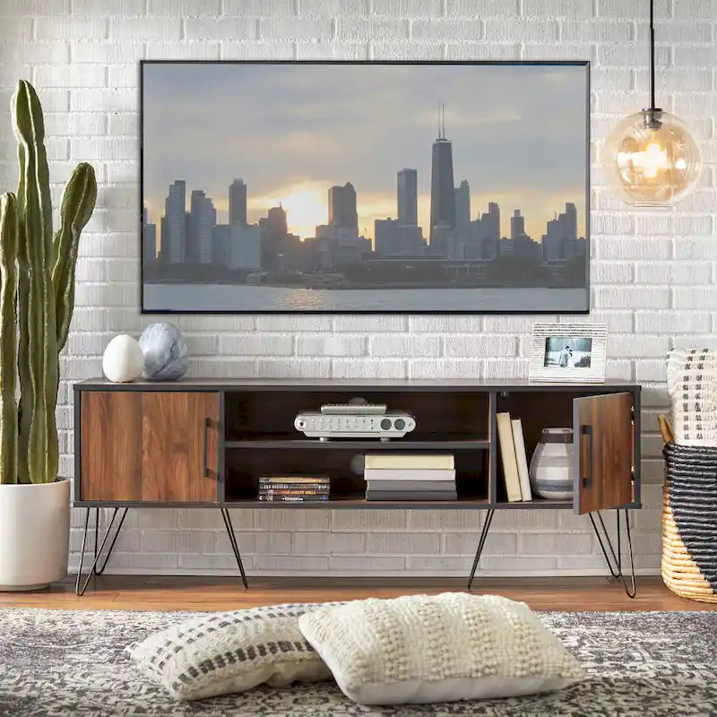 Mid-Century Vintage TV Stand with Side Cabinets – Walnut & Black, Fits 64" TV