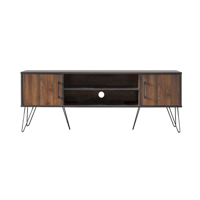 Mid-Century Vintage TV Stand with Side Cabinets – Walnut & Black, Fits 64" TV