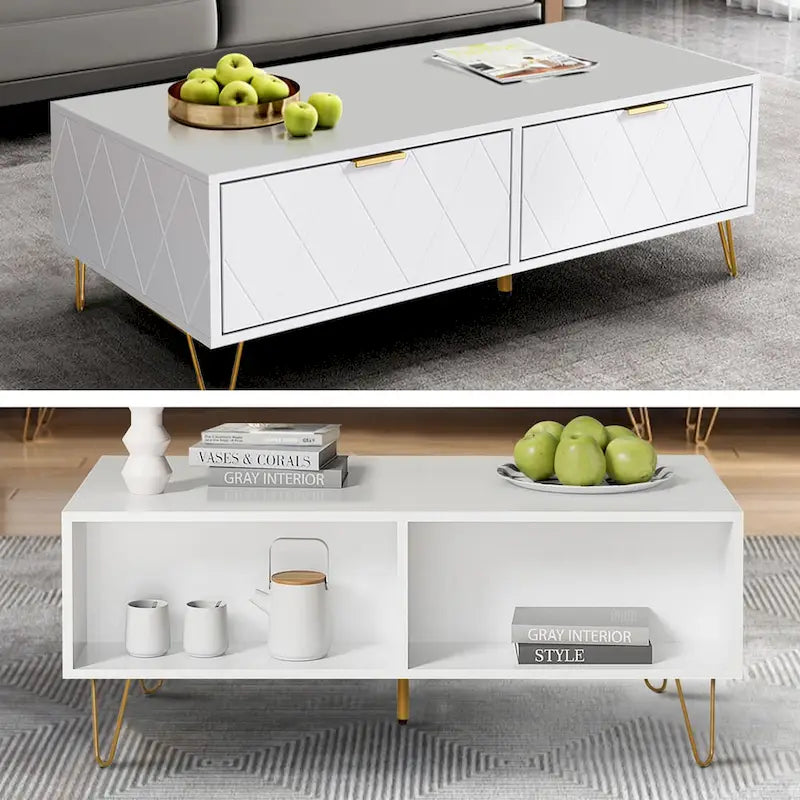 Modern Coffee Table with Double Storage Drawers Wooden TV Cabinet Side Table for Apartment &Living Room