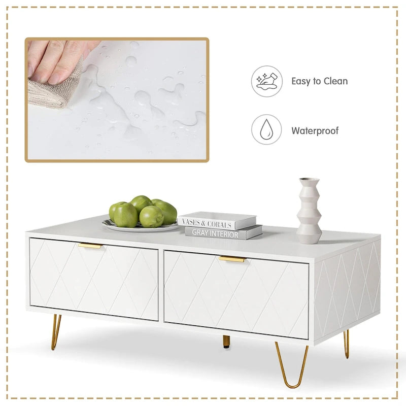 Modern Coffee Table with Double Storage Drawers Wooden TV Cabinet Side Table for Apartment &Living Room