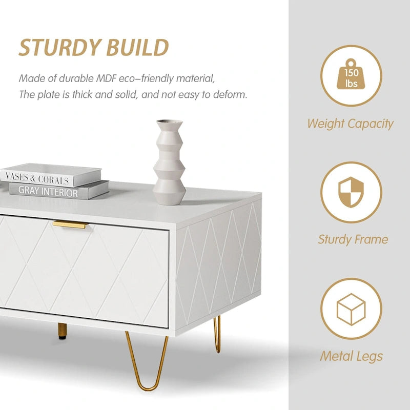 Modern Coffee Table with Double Storage Drawers Wooden TV Cabinet Side Table for Apartment &Living Room