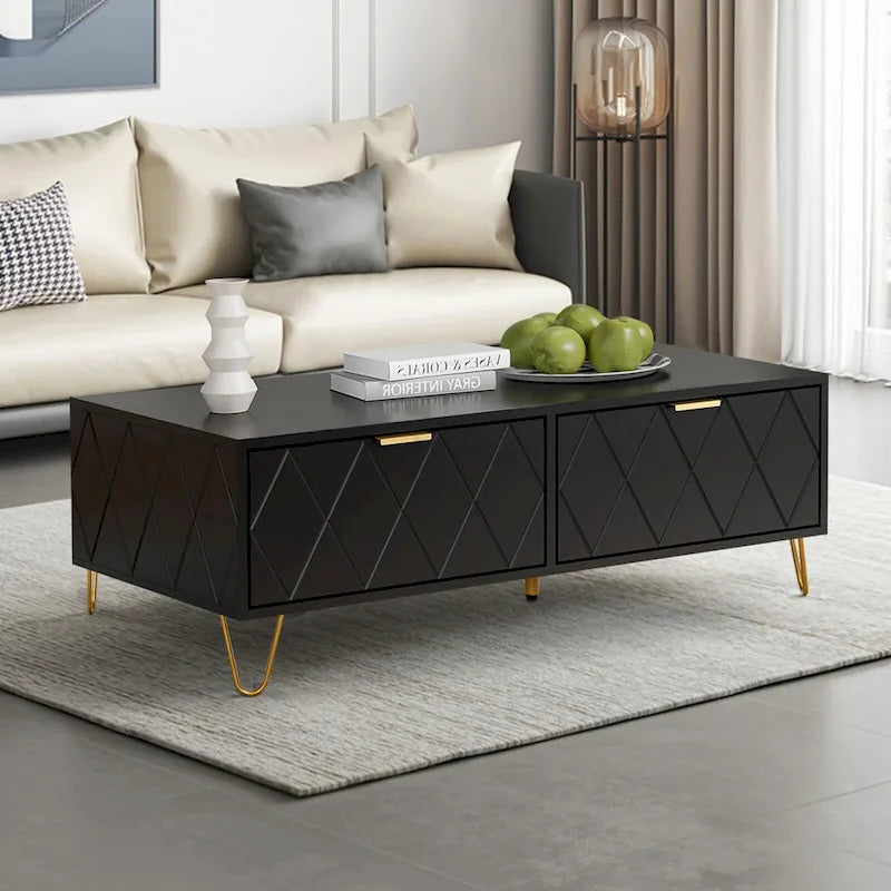 Modern Coffee Table with Double Storage Drawers Wooden TV Cabinet Side Table for Apartment &Living Room